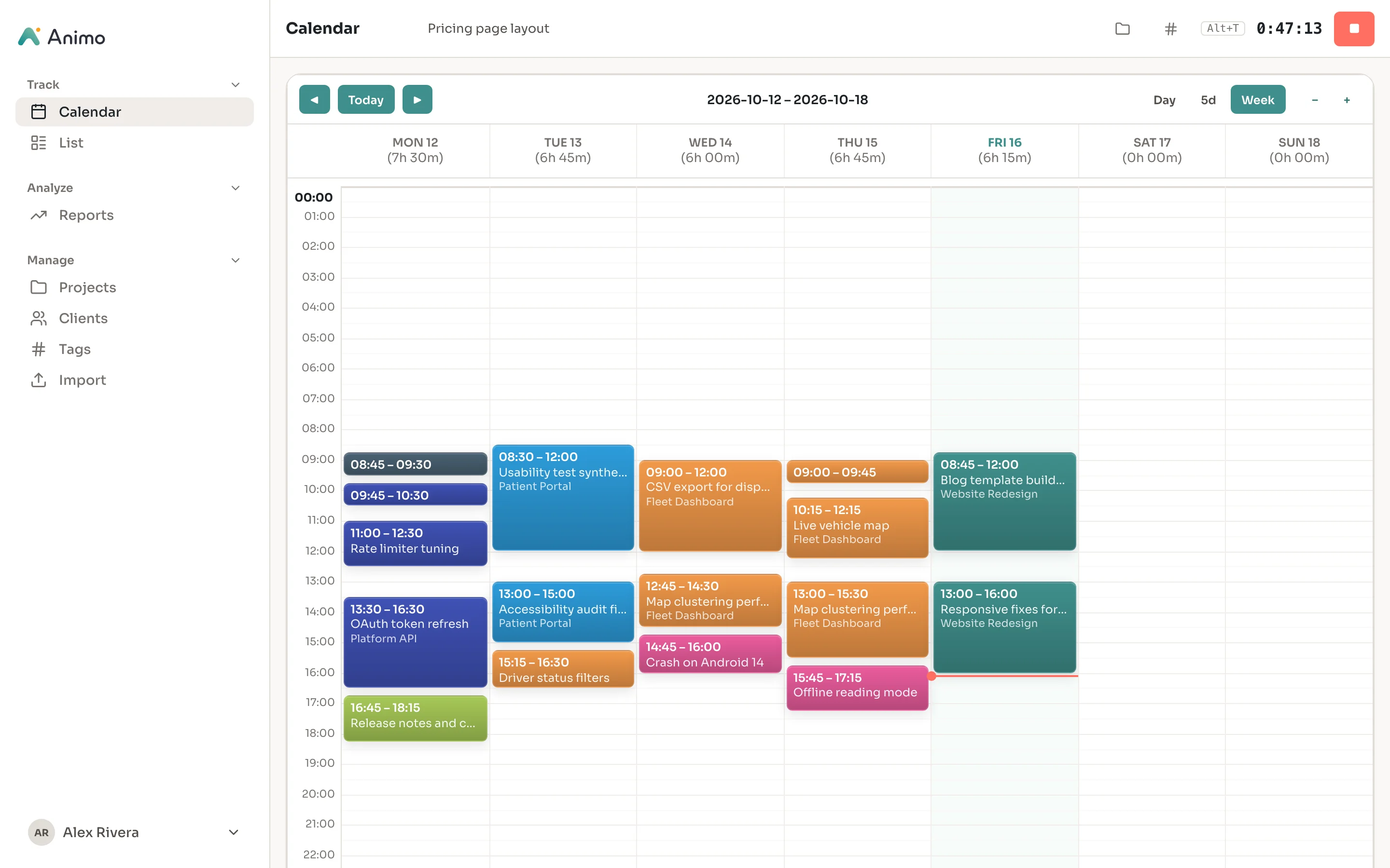 Animo week calendar with color-coded time entries and a running timer