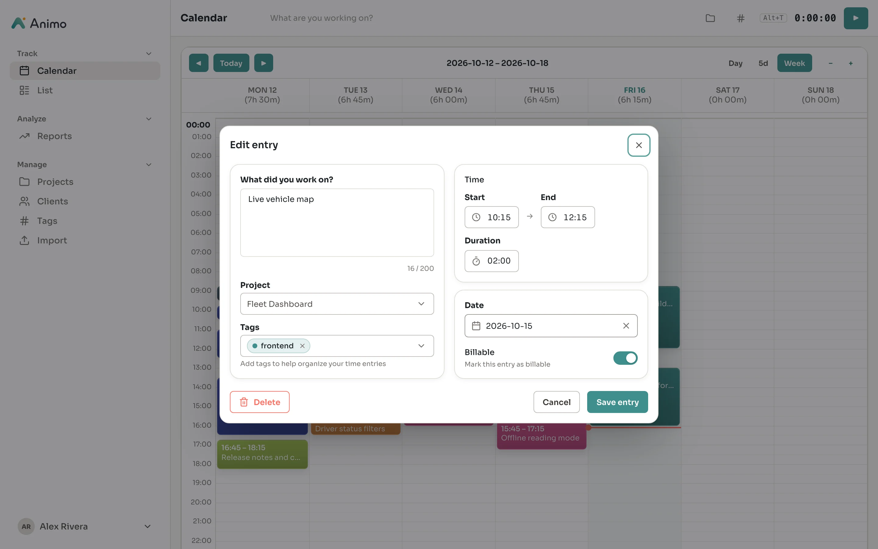 Animo edit entry dialog with description, project, tags, time and billable switch