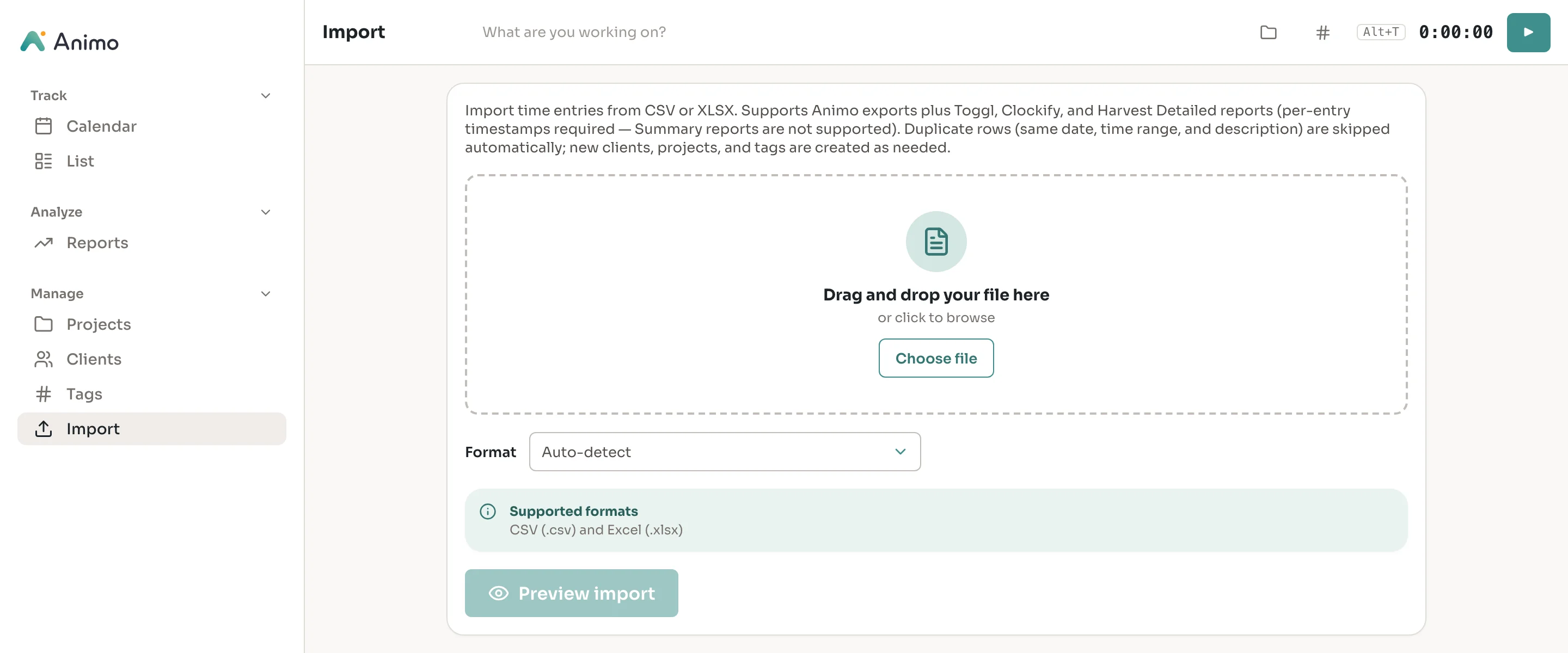 Animo import screen with file drop zone and format selection