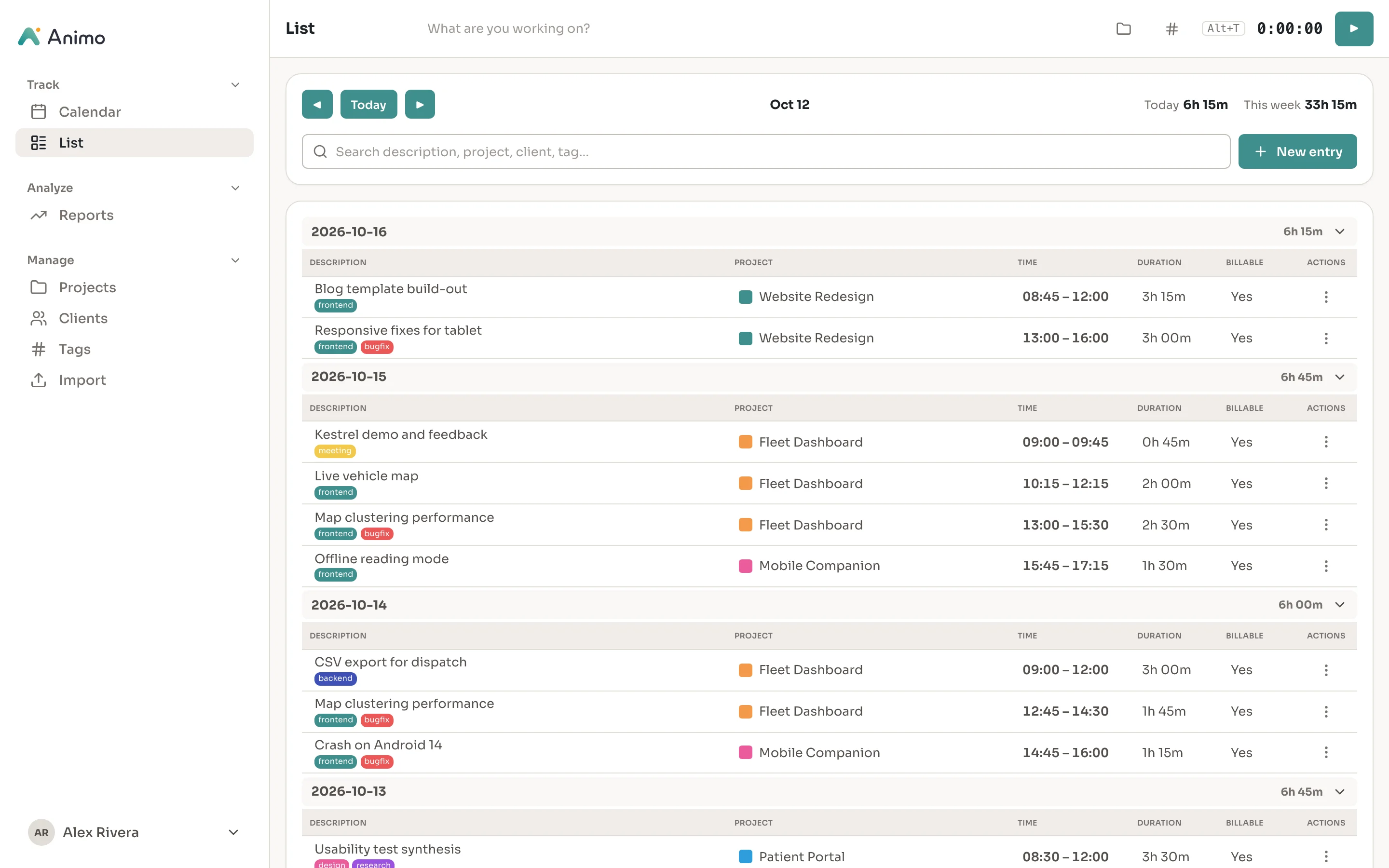 Animo list view grouped by day with tags, projects and durations