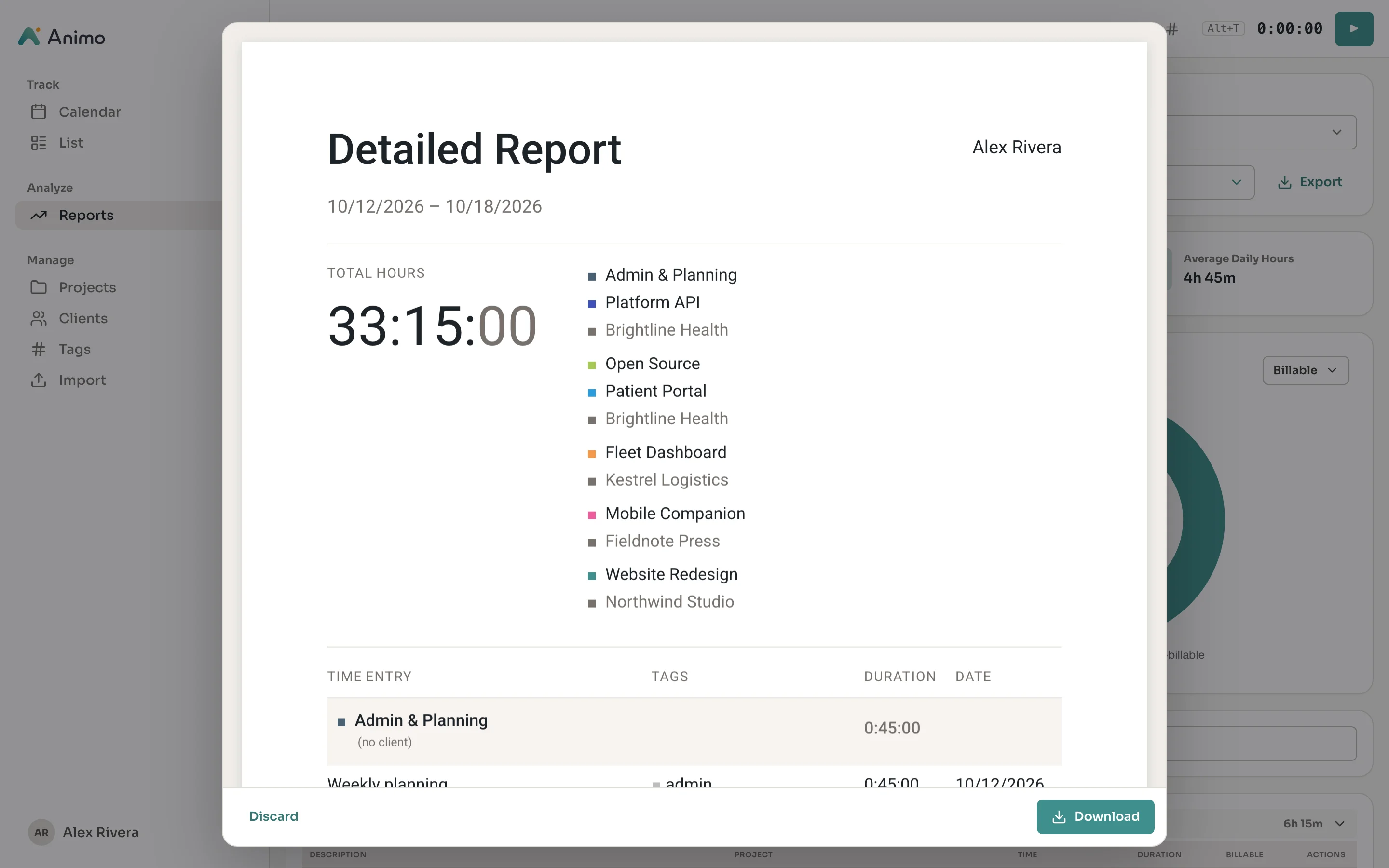 Animo PDF report preview with total hours and per-project breakdown