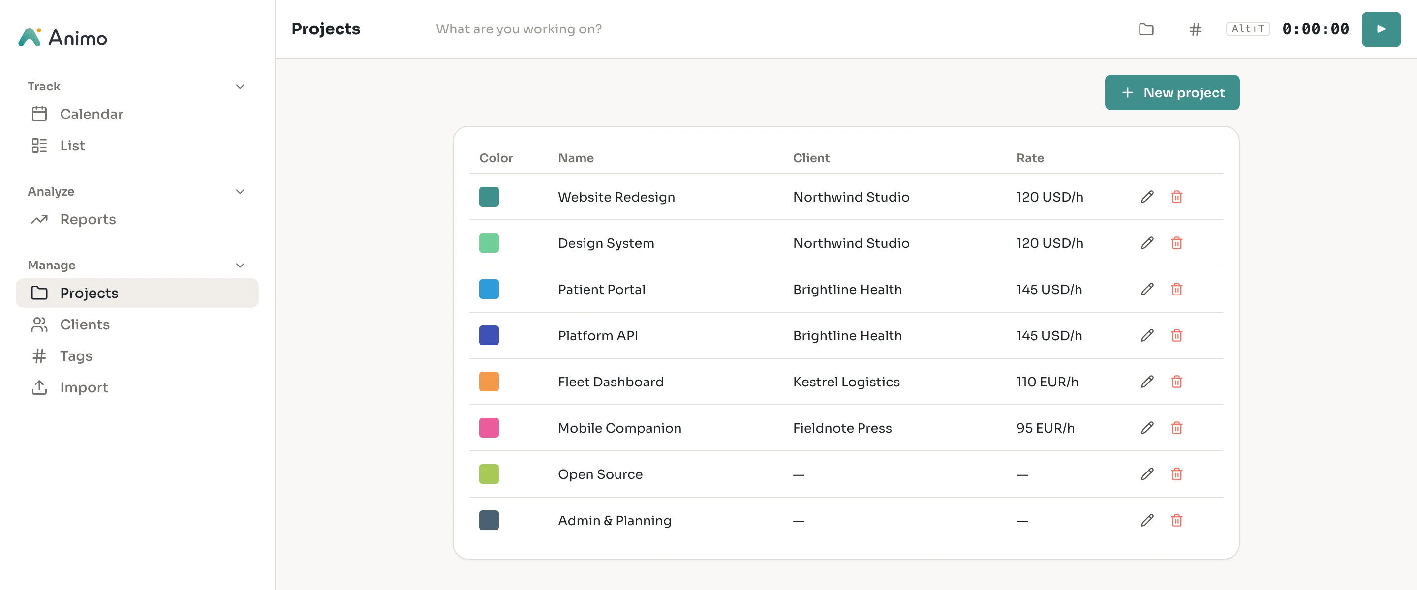 Animo projects table with colors, clients and hourly rates