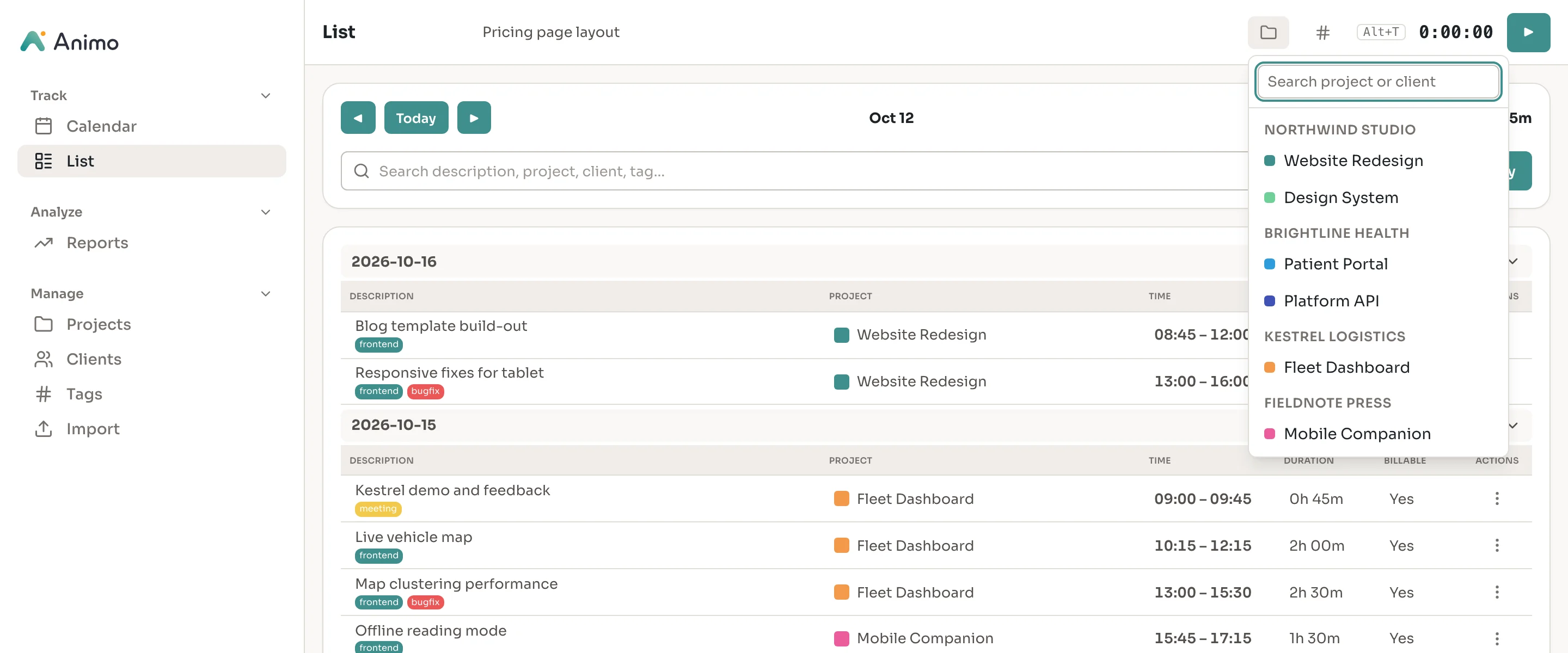 Animo header timer with the project picker open, listing projects grouped by client